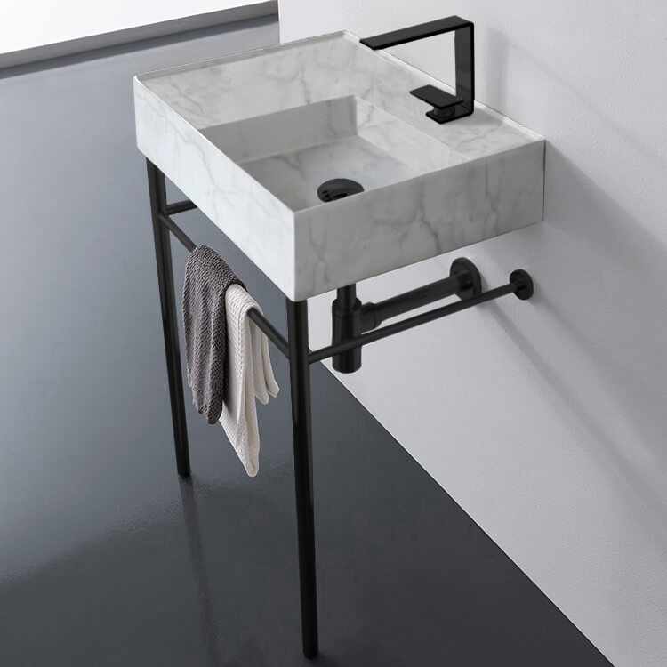 Scarabeo 5117-F-CON-BLK-One Hole Marble Design Ceramic Console Sink and Matte Black Stand